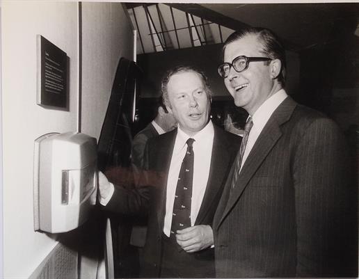 Kenneth Baker, MP, Minister for Information Technology with John Leafield of BL Systems
at the launch of the IT82 Exhibition at the Science Museum on 28th April, 1982.