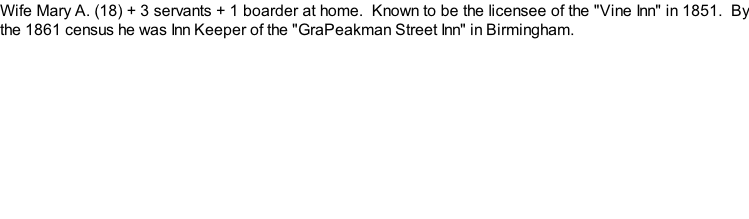 Wife Mary A. (18) + 3 servants + 1 boarder at home.  Known to be the licensee of the "Vine Inn" in 1851.  By the 1861 census he was Inn Keeper of the "GraPeakman Street Inn" in Birmingham.