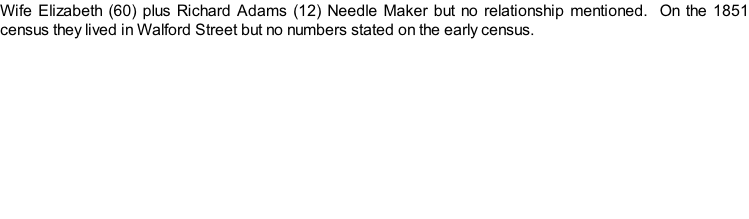 Wife Elizabeth (60) plus Richard Adams (12) Needle Maker but no relationship mentioned.  On the 1851 census they lived in Walford Street but no numbers stated on the early census.