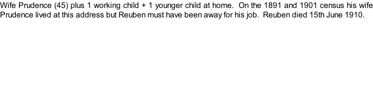 Wife Prudence (45) plus 1 working child + 1 younger child at home.  On the 1891 and 1901 census his wife Prudence lived at this address but Reuben must have been away for his job.  Reuben died 15th June 1910.