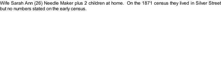 Wife Sarah Ann (26) Needle Maker plus 2 children at home.  On the 1871 census they lived in Silver Street but no numbers stated on the early census.