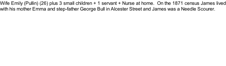 Wife Emily (Pullin) (26) plus 3 small children + 1 servant + Nurse at home.  On the 1871 census James lived with his mother Emma and step-father George Bull in Alcester Street and James was a Needle Scourer.