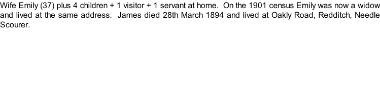 Wife Emily (37) plus 4 children + 1 visitor + 1 servant at home.  On the 1901 census Emily was now a widow and lived at the same address.  James died 28th March 1894 and lived at Oakly Road, Redditch, Needle Scourer.