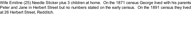 Wife Emiline (25) Needle Sticker plus 3 children at home.  On the 1871 census George lived with his parents Peter and Jane in Herbert Street but no numbers stated on the early census.  On the 1891 census they lived at 26 Herbert Street, Redditch.