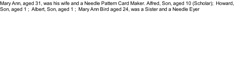 Mary Ann, aged 31, was his wife and a Needle Pattern Card Maker. Alfred, Son, aged 10 (Scholar);  Howard, Son, aged 1 ;  Albert, Son, aged 1 ;  Mary Ann Bird aged 24, was a Sister and a Needle Eyer