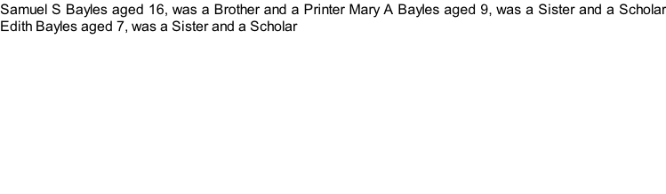 Samuel S Bayles aged 16, was a Brother and a Printer Mary A Bayles aged 9, was a Sister and a Scholar Edith Bayles aged 7, was a Sister and a Scholar