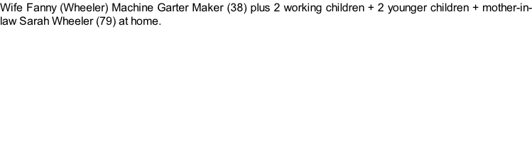 Wife Fanny (Wheeler) Machine Garter Maker (38) plus 2 working children + 2 younger children + mother-in-law Sarah Wheeler (79) at home.
