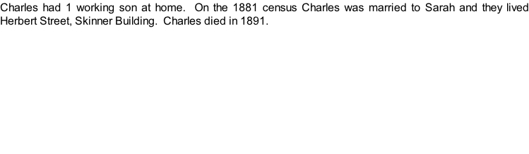 Charles had 1 working son at home.  On the 1881 census Charles was married to Sarah and they lived Herbert Street, Skinner Building.  Charles died in 1891.