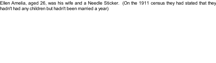Ellen Amelia, aged 26, was his wife and a Needle Sticker.  (On the 1911 census they had stated that they hadn't had any children but hadn't been married a year)