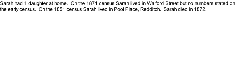 Sarah had 1 daughter at home.  On the 1871 census Sarah lived in Walford Street but no numbers stated on the early census.  On the 1851 census Sarah lived in Pool Place, Redditch.  Sarah died in 1872.