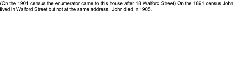 (On the 1901 census the enumerator came to this house after 18 Walford Street) On the 1891 census John lived in Walford Street but not at the same address.  John died in 1905.