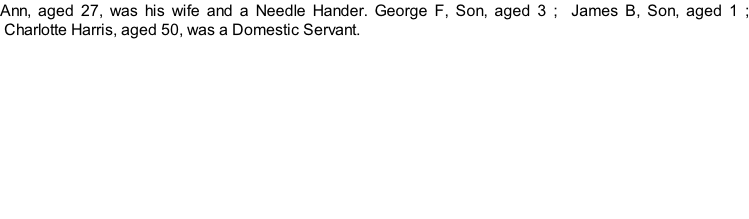 Ann, aged 27, was his wife and a Needle Hander. George F, Son, aged 3 ;  James B, Son, aged 1 ;  Charlotte Harris, aged 50, was a Domestic Servant.