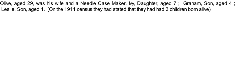 Olive, aged 29, was his wife and a Needle Case Maker. Ivy, Daughter, aged 7 ;  Graham, Son, aged 4 ;  Leslie, Son, aged 1.  (On the 1911 census they had stated that they had had 3 children born alive)