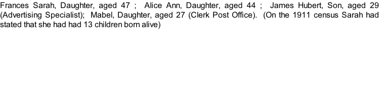 Frances Sarah, Daughter, aged 47 ;  Alice Ann, Daughter, aged 44 ;  James Hubert, Son, aged 29 (Advertising Specialist);  Mabel, Daughter, aged 27 (Clerk Post Office).  (On the 1911 census Sarah had stated that she had had 13 children born alive)