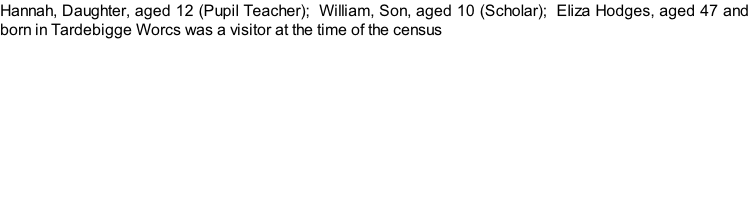 Hannah, Daughter, aged 12 (Pupil Teacher);  William, Son, aged 10 (Scholar);  Eliza Hodges, aged 47 and born in Tardebigge Worcs was a visitor at the time of the census