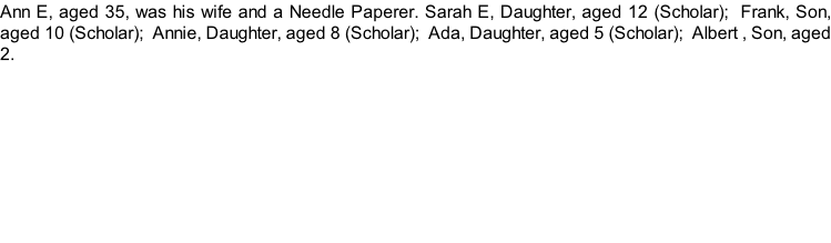 Ann E, aged 35, was his wife and a Needle Paperer. Sarah E, Daughter, aged 12 (Scholar);  Frank, Son, aged 10 (Scholar);  Annie, Daughter, aged 8 (Scholar);  Ada, Daughter, aged 5 (Scholar);  Albert , Son, aged 2.