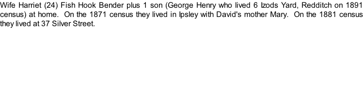 Wife Harriet (24) Fish Hook Bender plus 1 son (George Henry who lived 6 Izods Yard, Redditch on 1891 census) at home.  On the 1871 census they lived in Ipsley with David's mother Mary.  On the 1881 census they lived at 37 Silver Street.