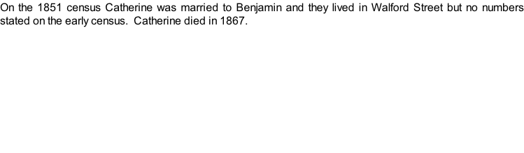 On the 1851 census Catherine was married to Benjamin and they lived in Walford Street but no numbers stated on the early census.  Catherine died in 1867.