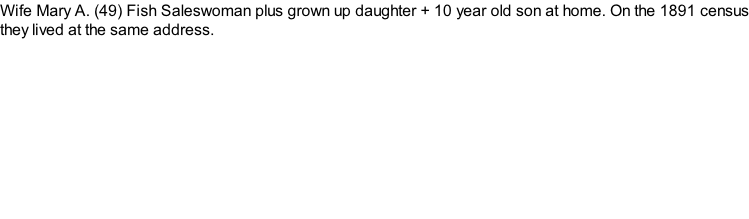 Wife Mary A. (49) Fish Saleswoman plus grown up daughter + 10 year old son at home. On the 1891 census they lived at the same address.