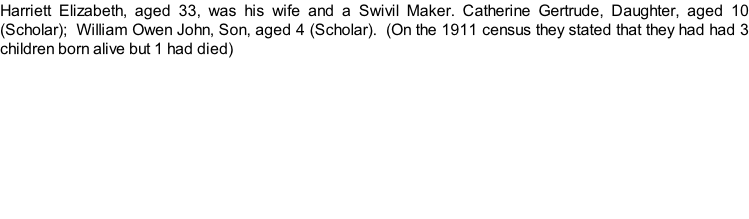 Harriett Elizabeth, aged 33, was his wife and a Swivil Maker. Catherine Gertrude, Daughter, aged 10 (Scholar);  William Owen John, Son, aged 4 (Scholar).  (On the 1911 census they stated that they had had 3 children born alive but 1 had died)