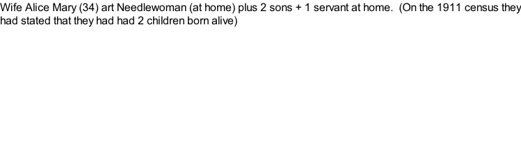Wife Alice Mary (34) art Needlewoman (at home) plus 2 sons + 1 servant at home.  (On the 1911 census they had stated that they had had 2 children born alive)
