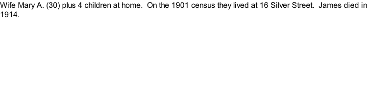 Wife Mary A. (30) plus 4 children at home.  On the 1901 census they lived at 16 Silver Street.  James died in 1914.