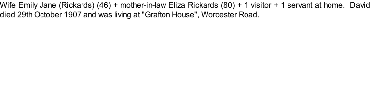 Wife Emily Jane (Rickards) (46) + mother-in-law Eliza Rickards (80) + 1 visitor + 1 servant at home.  David died 29th October 1907 and was living at "Grafton House", Worcester Road.