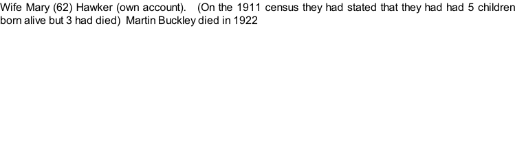 Wife Mary (62) Hawker (own account).   (On the 1911 census they had stated that they had had 5 children born alive but 3 had died)  Martin Buckley died in 1922