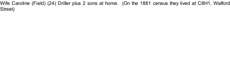Wife Caroline (Field) (24) Driller plus 2 sons at home.  (On the 1881 census they lived at C8H1, Walford Street)