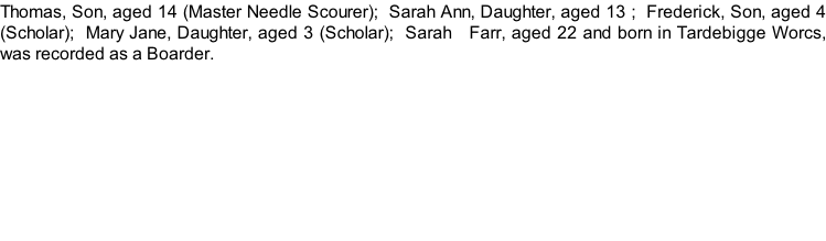 Thomas, Son, aged 14 (Master Needle Scourer);  Sarah Ann, Daughter, aged 13 ;  Frederick, Son, aged 4 (Scholar);  Mary Jane, Daughter, aged 3 (Scholar);  Sarah   Farr, aged 22 and born in Tardebigge Worcs, was recorded as a Boarder.