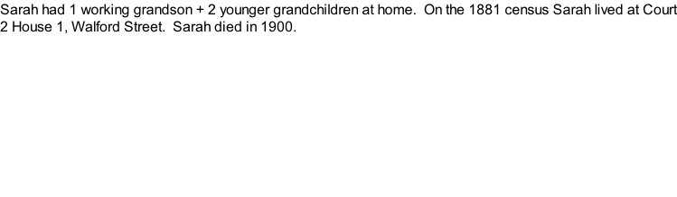 Sarah had 1 working grandson + 2 younger grandchildren at home.  On the 1881 census Sarah lived at Court 2 House 1, Walford Street.  Sarah died in 1900.