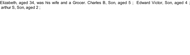 Elizabeth, aged 34, was his wife and a Grocer. Charles B, Son, aged 5 ;  Edward Victor, Son, aged 4 ;  arthur S, Son, aged 2 ;
