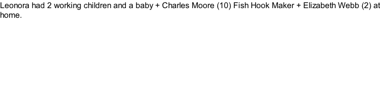 Leonora had 2 working children and a baby + Charles Moore (10) Fish Hook Maker + Elizabeth Webb (2) at home.