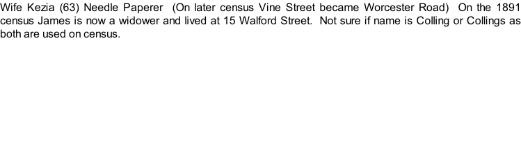 Wife Kezia (63) Needle Paperer  (On later census Vine Street became Worcester Road)  On the 1891 census James is now a widower and lived at 15 Walford Street.  Not sure if name is Colling or Collings as both are used on census.