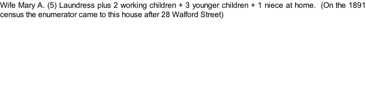 Wife Mary A. (5) Laundress plus 2 working children + 3 younger children + 1 niece at home.  (On the 1891 census the enumerator came to this house after 28 Walford Street)
