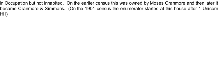 In Occupation but not inhabited.  On the earlier census this was owned by Moses Cranmore and then later it became Cranmore & Simmons.  (On the 1901 census the enumerator started at this house after 1 Unicorn Hill)