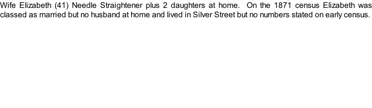 Wife Elizabeth (41) Needle Straightener plus 2 daughters at home.  On the 1871 census Elizabeth was classed as married but no husband at home and lived in Silver Street but no numbers stated on early census.