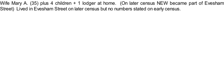 Wife Mary A. (35) plus 4 children + 1 lodger at home.  (On later census NEW became part of Evesham Street)  Lived in Evesham Street on later census but no numbers stated on early census.