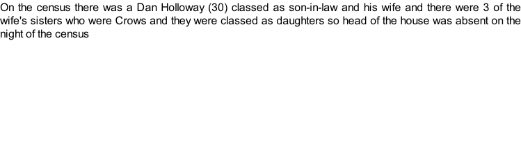 On the census there was a Dan Holloway (30) classed as son-in-law and his wife and there were 3 of the wife's sisters who were Crows and they were classed as daughters so head of the house was absent on the night of the census