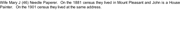 Wife Mary J (46) Needle Paperer.  On the 1881 census they lived in Mount Pleasant and John is a House Painter.   On the 1901 census they lived at the same address.