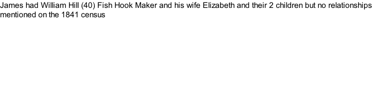 James had William Hill (40) Fish Hook Maker and his wife Elizabeth and their 2 children but no relationships mentioned on the 1841 census