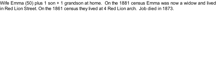 Wife Emma (50) plus 1 son + 1 grandson at home.  On the 1881 census Emma was now a widow and lived in Red Lion Street. On the 1861 census they lived at 4 Red Lion arch.  Job died in 1873.