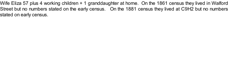 Wife Eliza 57 plus 4 working children + 1 granddaughter at home.  On the 1861 census they lived in Walford Street but no numbers stated on the early census.   On the 1881 census they lived at C9H2 but no numbers stated on early census.