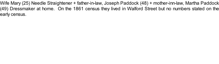 Wife Mary (25) Needle Straightener + father-in-law, Joseph Paddock (48) + mother-inn-law, Martha Paddock (49) Dressmaker at home.  On the 1861 census they lived in Walford Street but no numbers stated on the early census.
