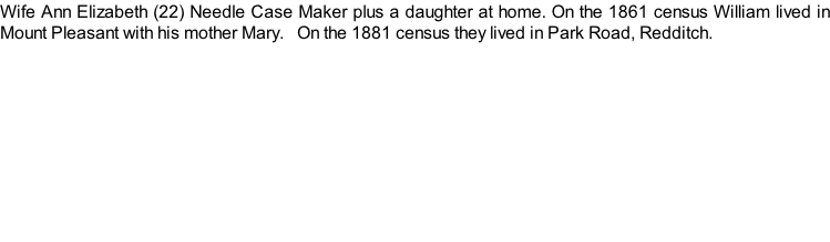 Wife Ann Elizabeth (22) Needle Case Maker plus a daughter at home. On the 1861 census William lived in Mount Pleasant with his mother Mary.   On the 1881 census they lived in Park Road, Redditch.