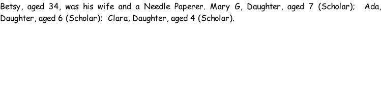 Betsy, aged 34, was his wife and a Needle Paperer. Mary G, Daughter, aged 7 (Scholar);  Ada, Daughter, aged 6 (Scholar);  Clara, Daughter, aged 4 (Scholar).