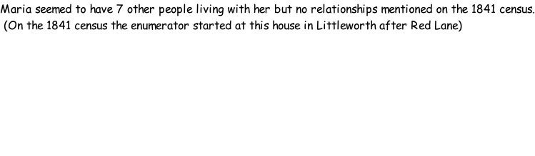 Maria seemed to have 7 other people living with her but no relationships mentioned on the 1841 census.  (On the 1841 census the enumerator started at this house in Littleworth after Red Lane)