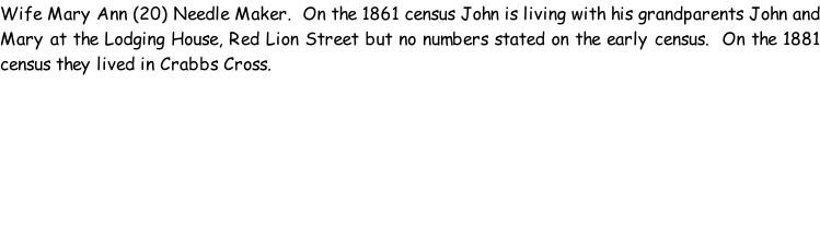 Wife Mary Ann (20) Needle Maker.  On the 1861 census John is living with his grandparents John and Mary at the Lodging House, Red Lion Street but no numbers stated on the early census.  On the 1881 census they lived in Crabbs Cross.