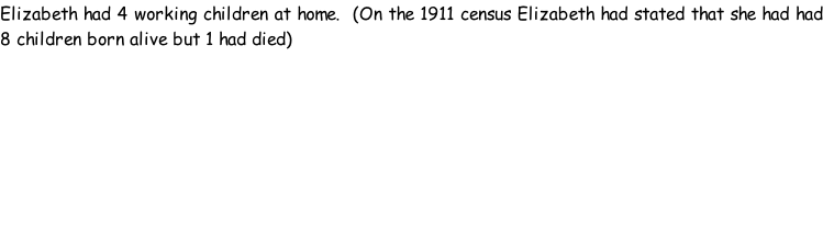 Elizabeth had 4 working children at home.  (On the 1911 census Elizabeth had stated that she had had 8 children born alive but 1 had died)