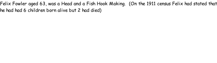 Felix Fowler aged 63, was a Head and a Fish Hook Making.  (On the 1911 census Felix had stated that he had had 6 children born alive but 2 had died)